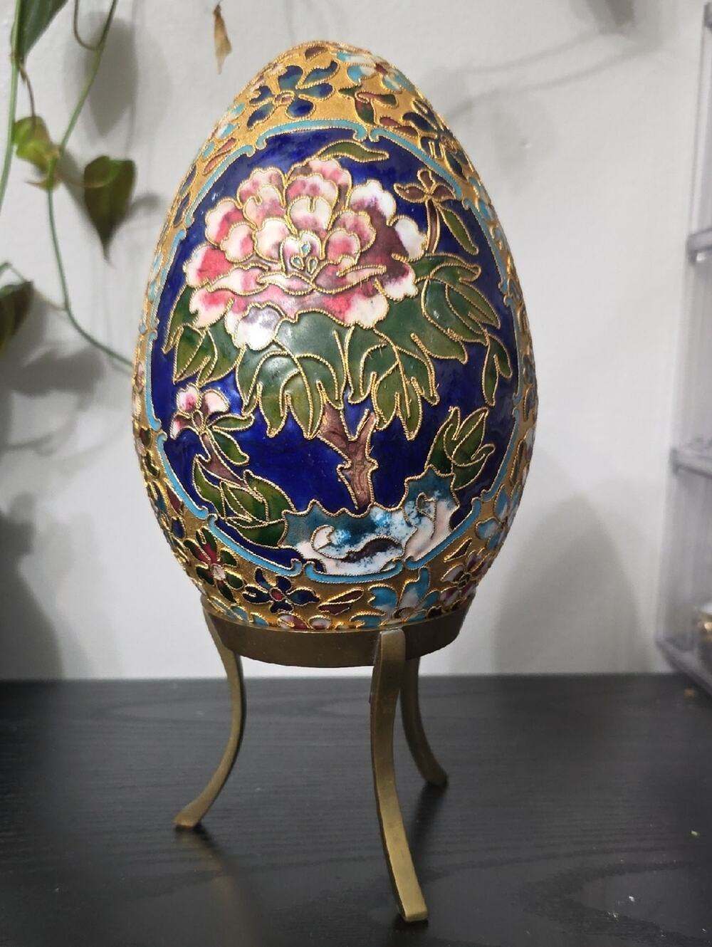 Vintage Cloisonné Floral Egg Trinket on Brass Stand
